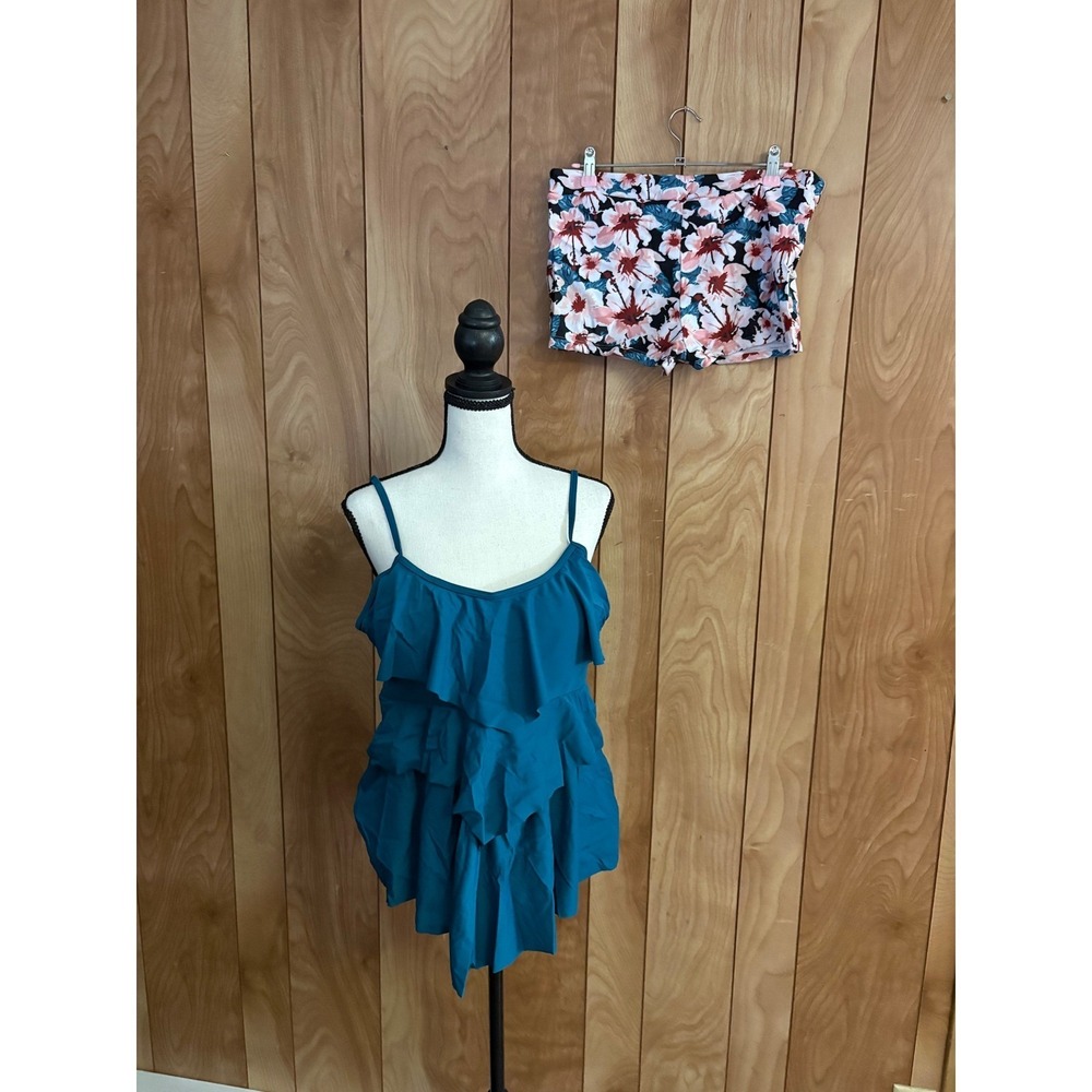 Teal Ruffle Tankini Set Floral Boy Short Bottoms 2PC Swimsuit Womens 2XL